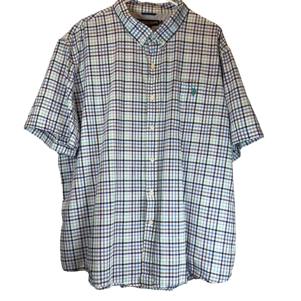US Polo Assn Mens 3XL Blue Turquoise Plaid Button Down Short Sleeve Shirt Cotton